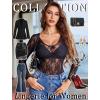 image:imageAvidlove Womens Sexy Lace Bodysuit Long Sleeve Body Suit Round Neck Sheer Mesh Bodysuit Top with Snap CrotchBlack