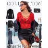 image:imageAvidlove Womens Sexy Lace Bodysuit Long Sleeve Body Suit Round Neck Sheer Mesh Bodysuit Top with Snap CrotchCarmine Red