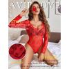 image:imageAvidlove Womens Sexy Lace Bodysuit Long Sleeve Body Suit Round Neck Sheer Mesh Bodysuit Top with Snap CrotchCarmine Red
