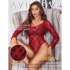 image:imageAvidlove Womens Sexy Lace Bodysuit Long Sleeve Body Suit Round Neck Sheer Mesh Bodysuit Top with Snap CrotchDark Red
