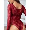 image:imageAvidlove Womens Sexy Lace Bodysuit Long Sleeve Body Suit Round Neck Sheer Mesh Bodysuit Top with Snap CrotchDark Red