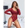 image:imageAvidlove Womens Sexy Lace Bodysuit Long Sleeve Body Suit Round Neck Sheer Mesh Bodysuit Top with Snap CrotchDark Red