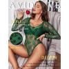 image:imageAvidlove Womens Sexy Lace Bodysuit Long Sleeve Body Suit Round Neck Sheer Mesh Bodysuit Top with Snap CrotchGreen