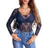 image:imageAvidlove Womens Sexy Lace Bodysuit Long Sleeve Body Suit Round Neck Sheer Mesh Bodysuit Top with Snap CrotchNavy Blue