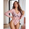 image:imageAvidlove Womens Sexy Lace Bodysuit Long Sleeve Body Suit Round Neck Sheer Mesh Bodysuit Top with Snap CrotchPink