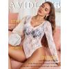 image:imageAvidlove Womens Sexy Lace Bodysuit Long Sleeve Body Suit Round Neck Sheer Mesh Bodysuit Top with Snap CrotchWhite