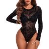 image:imageAvidlove Womens Mesh Long Sleeve Bodysuit Round Neck Sheer Leotards Geo Print Bodysuit Top with Snap CrotchFloral