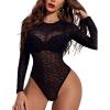 image:imageAvidlove Womens Mesh Long Sleeve Bodysuit Round Neck Sheer Leotards Geo Print Bodysuit Top with Snap CrotchSquare Pattern