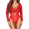 image:imageAvidlove Womens Sexy Lace Bodysuit Long Sleeve Body Suit Round Neck Sheer Mesh Bodysuit Top with Snap CrotchCarmine Red