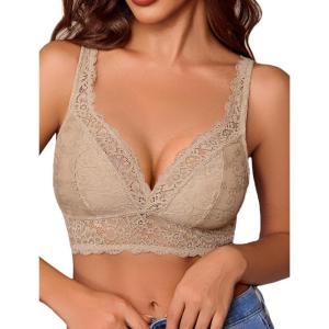 image:imageAvidlove Lace Bralettes Women V Neck Wireless Bras Unlined Basic Cami Sexy Comfy Everyday Wirefree Lingerie UnpaddedKhaki