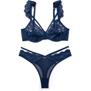 image:imageAvidlove Lace Scallop Lingerie Set for Women Wireless Strappy Ruffle Bra and Panty SetsNavy Blue