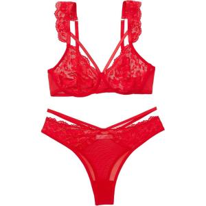 image:imageAvidlove Lace Scallop Lingerie Set for Women Wireless Strappy Ruffle Bra and Panty SetsRed
