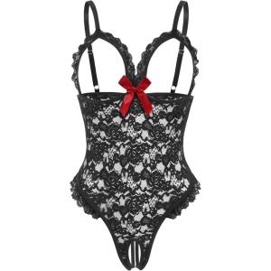 image:imageAvidlove One Piece Lingerie Sexy Teddy Ruffle V Neck Bodysuit Lace NightieBlack