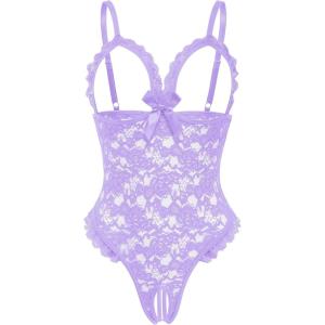 image:imageAvidlove One Piece Lingerie Sexy Teddy Ruffle V Neck Bodysuit Lace NightieLavender Purple