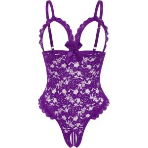image:imageAvidlove One Piece Lingerie Sexy Teddy Ruffle V Neck Bodysuit Lace NightiePurple