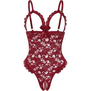 image:imageAvidlove One Piece Lingerie Sexy Teddy Ruffle V Neck Bodysuit Lace NightieWine Red