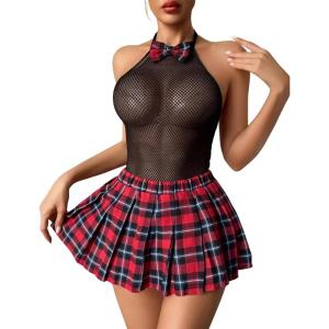 image:imageAvidlove Schoolgirl Lingerie for Women Sexy Costume Outfit Roleplay Cosplay Lingerie Set Snap Crotch Bodysuit and Mini SkirtRed Blue