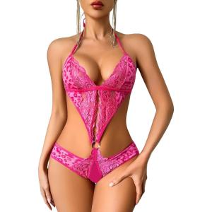 image:imageAvidlove Women Deep V Lingerie Lace Teddy One Piece Babydoll Mini BodysuitRose Red Leopard Print