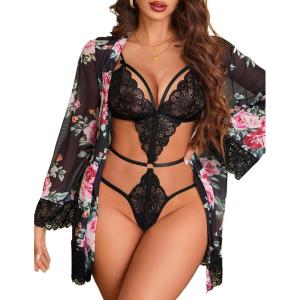 image:imageAvidlove Women Sexy Lingerie Set 2 Piece Lace Teddy with Mesh Kimono Robe Bodysuit NightgownBlack Floral