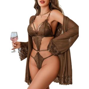 image:imageAvidlove Women Sexy Lingerie Set 2 Piece Lace Teddy with Mesh Kimono Robe Bodysuit NightgownBrown