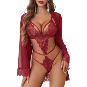 image:imageAvidlove Women Sexy Lingerie Set 2 Piece Lace Teddy with Mesh Kimono Robe Bodysuit NightgownDark Red