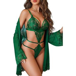 image:imageAvidlove Women Sexy Lingerie Set 2 Piece Lace Teddy with Mesh Kimono Robe Bodysuit NightgownGreen