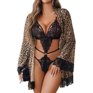 image:imageAvidlove Women Sexy Lingerie Set 2 Piece Lace Teddy with Mesh Kimono Robe Bodysuit NightgownLeopard