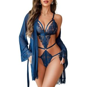 image:imageAvidlove Women Sexy Lingerie Set 2 Piece Lace Teddy with Mesh Kimono Robe Bodysuit NightgownNavy Blue