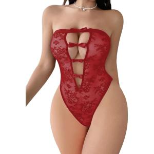 image:imageAvidlove Women Sexy Lingeries Deep V Teddy Lingerie Lace Bodysuit Hollow Out One Piece Mini BabydollDark Red