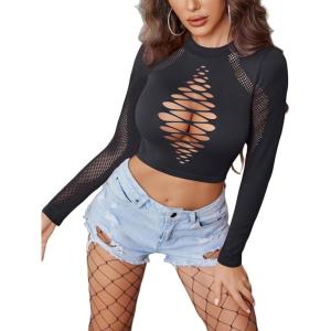 image:imageAvidlove Womens Long Sleeve Fishnet Top Sexy Cut Out Crop Short Hollow Out TopBlack