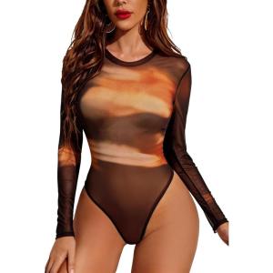 image:imageAvidlove Womens Mesh Long Sleeve Bodysuit Round Neck Sheer Leotards Geo Print Bodysuit Top with Snap CrotchBrown Orange