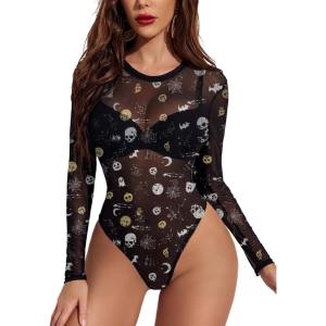 image:imageAvidlove Womens Mesh Long Sleeve Bodysuit Round Neck Sheer Leotards Geo Print Bodysuit Top with Snap CrotchHalloween