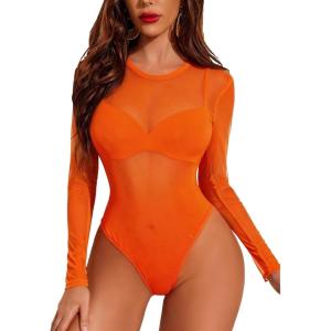image:imageAvidlove Womens Mesh Long Sleeve Bodysuit Round Neck Sheer Leotards Geo Print Bodysuit Top with Snap CrotchOrange