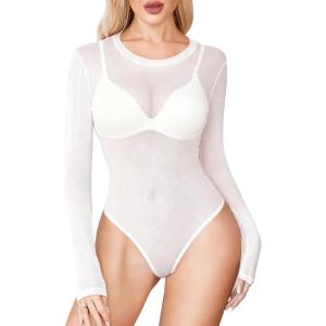 image:imageAvidlove Womens Mesh Long Sleeve Bodysuit Round Neck Sheer Leotards Geo Print Bodysuit Top with Snap CrotchWhite