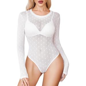 image:imageAvidlove Womens Mesh Long Sleeve Bodysuit Round Neck Sheer Leotards Geo Print Bodysuit Top with Snap CrotchWhite Polka Dots