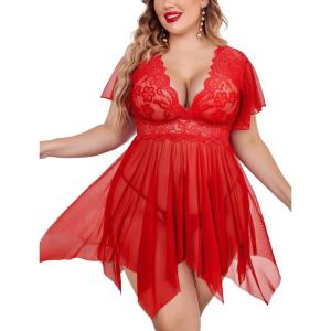 image:imageAvidlove Womens Plus Size Babydoll Floral Lace Lingerie Deep V Nighty Mesh SleepwearCarmine Red