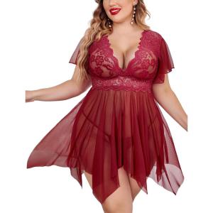 image:imageAvidlove Womens Plus Size Babydoll Floral Lace Lingerie Deep V Nighty Mesh SleepwearDark Red