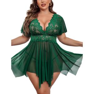 image:imageAvidlove Womens Plus Size Babydoll Floral Lace Lingerie Deep V Nighty Mesh SleepwearGreen