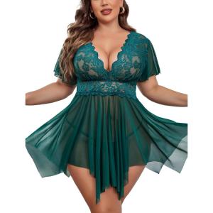 image:imageAvidlove Womens Plus Size Babydoll Floral Lace Lingerie Deep V Nighty Mesh SleepwearPeacock Blue