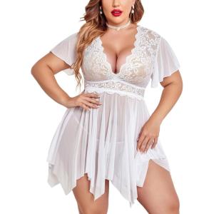 image:imageAvidlove Womens Plus Size Babydoll Floral Lace Lingerie Deep V Nighty Mesh SleepwearPure White