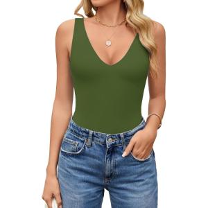 image:imageAvidlove Womens Sexy Plunge Deep V Neck Bodysuit Double Lined Sleeveless Thong Body Suit Leotard for Going Out TankArmy Green