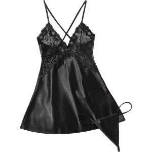 image:imageAvidlove Women Lingerie V Neck Sexy Nightwear Satin Sleepwear Lace Chemise Mini Babydoll NightgownBlack02