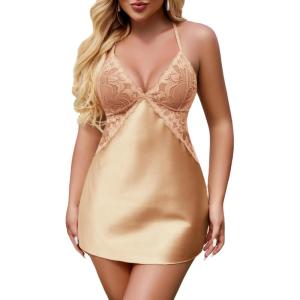 image:imageAvidlove Women Lingerie V Neck Sexy Nightwear Satin Sleepwear Lace Chemise Mini Babydoll NightgownChampagne