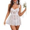 image:imageAvidlove Sexy Bows V Neck Sheer Lace Wireless Lingerie for Women Babydoll Dress with Thong 2 PieceWhite