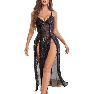 image:imageAvidlove Women Lingerie Lace Babydoll Chemise Sexy Mesh Nightdress V Neck Nightwear Side Split NightgownBlack Glitter
