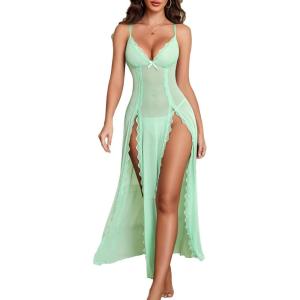 image:imageAvidlove Women Lingerie Lace Babydoll Chemise Sexy Mesh Nightdress V Neck Nightwear Side Split NightgownLight Green
