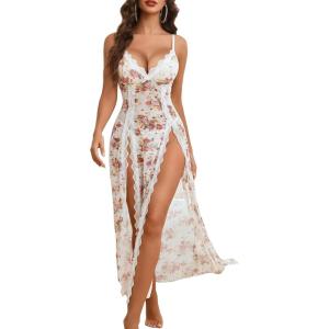 image:imageAvidlove Women Lingerie Lace Babydoll Chemise Sexy Mesh Nightdress V Neck Nightwear Side Split NightgownWhite Flower