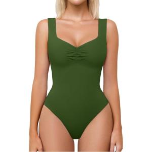 image:imageAvidlove Bodysuits for Women Sweetheart Neck Ruched Body Suit Seamless Double Lined Tank Top SlimmingArmy Green