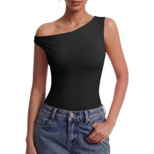 image:imageAvidlove Bodysuits for Women Off Shoulder Thong Bodysuit Double Lined One Piece Leotard Asymmetric Going Out TopsBlack