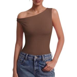 image:imageAvidlove Bodysuits for Women Off Shoulder Thong Bodysuit Double Lined One Piece Leotard Asymmetric Going Out TopsBrown
